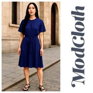 Modcloth Dress Sz 3X 22 24 Navy Blue Belted Slinky Knit Stretch Career Retro